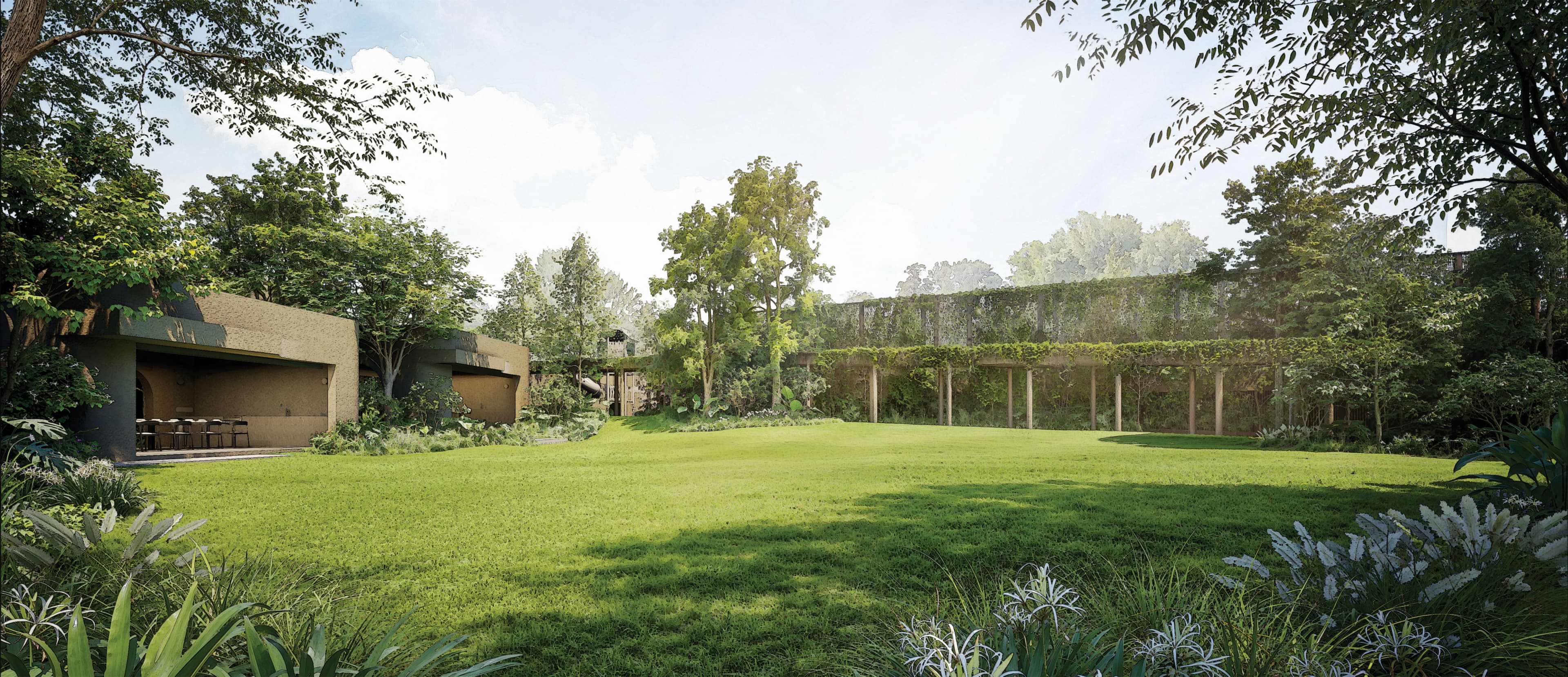 Expansive garden lawn and pavilion